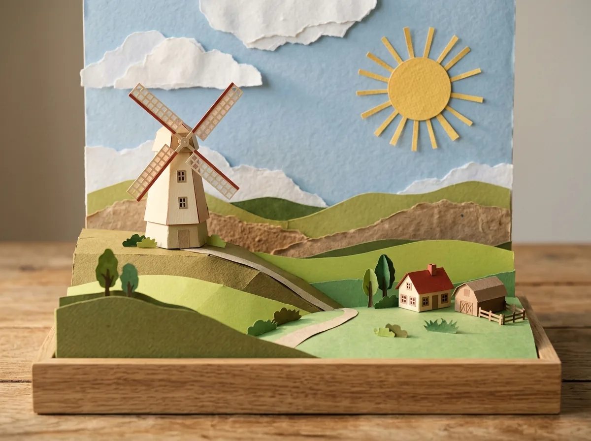 Papercraft rolling fields with a windmill and paper sun