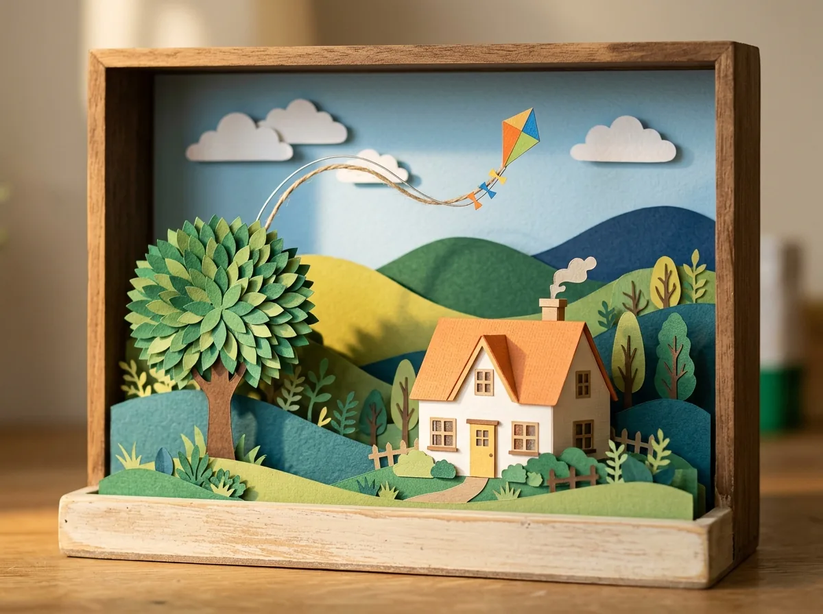 Papercraft diorama of a cozy paper house with a tree and kite