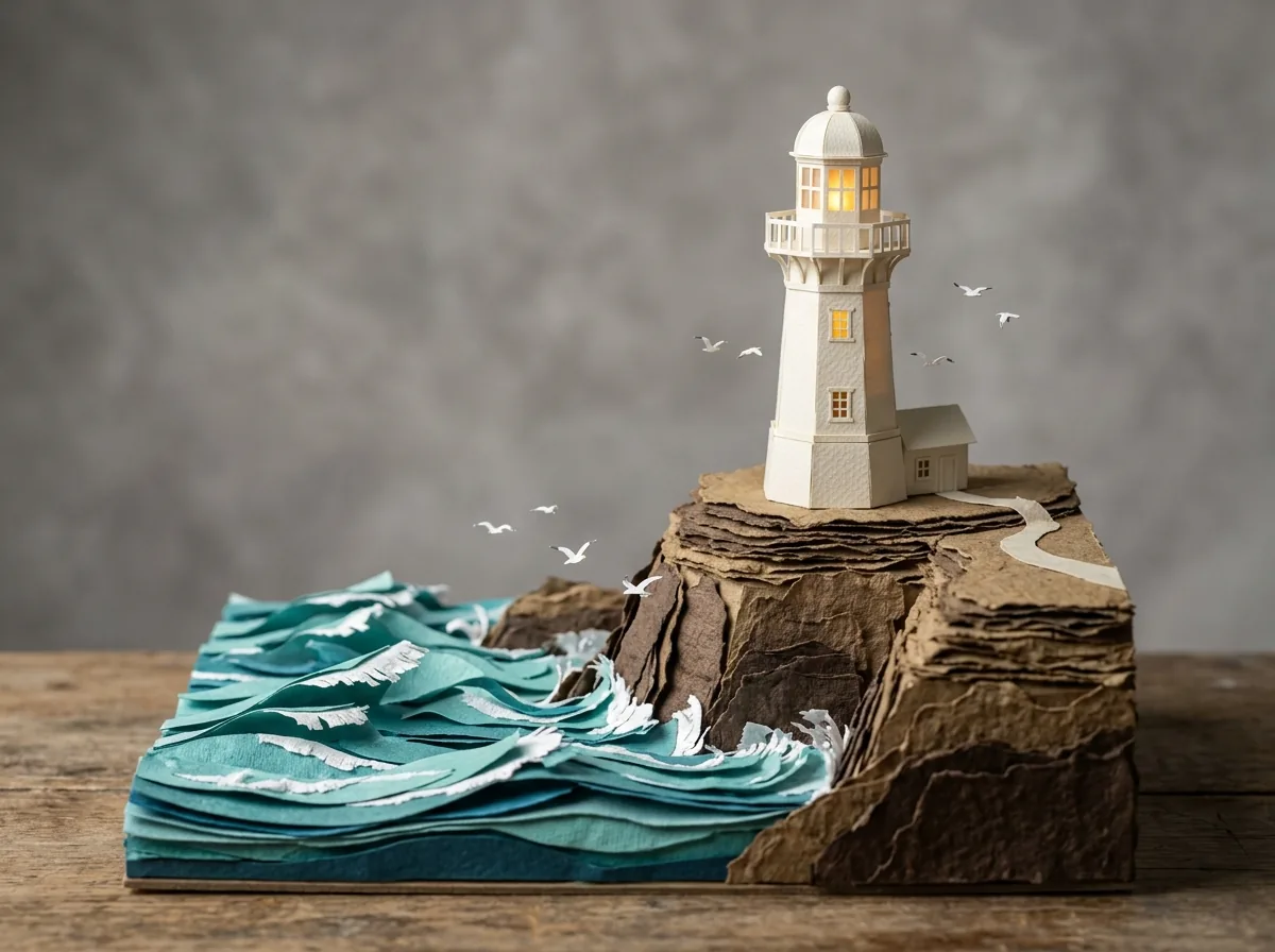 Papercraft lighthouse with a glowing window above paper waves