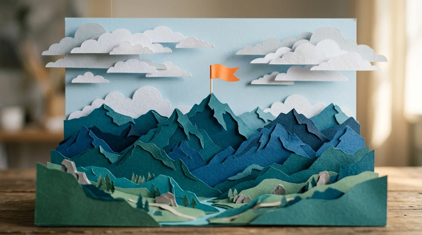 Papercraft mountain range with a tangerine flag on the summit